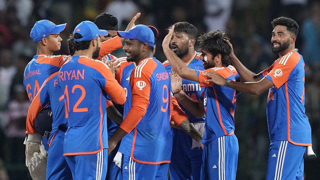 India celebrate a wicket during the second T20I against Sri Lanka in Pallekele on Sunday (July 28). - AP